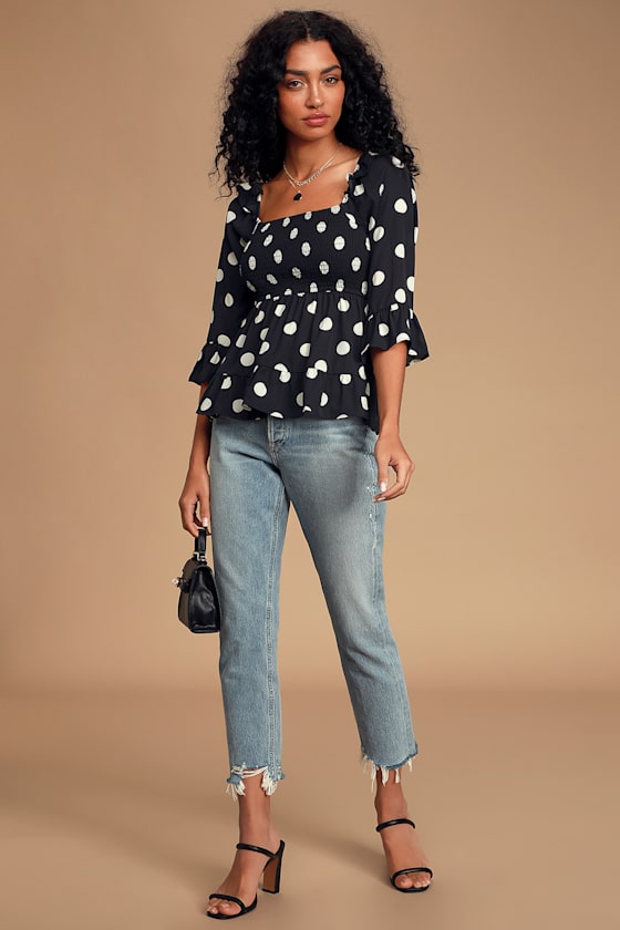Polka Dot Button-Front Peplum Top with Contrast Sleeves