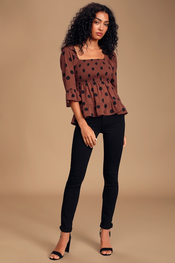 Cute Burgundy Polka Dot Top - Peplum Top - Tiered Ruffle Top - Lulus