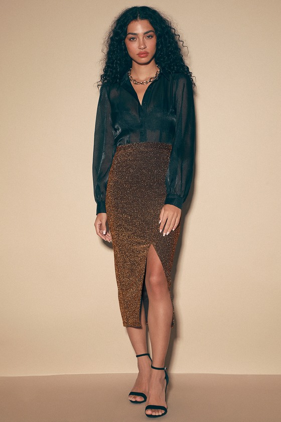 Glam Bronze Sparkly Skirt - Bronze Midi Skirt - Metallic Skirt - Lulus