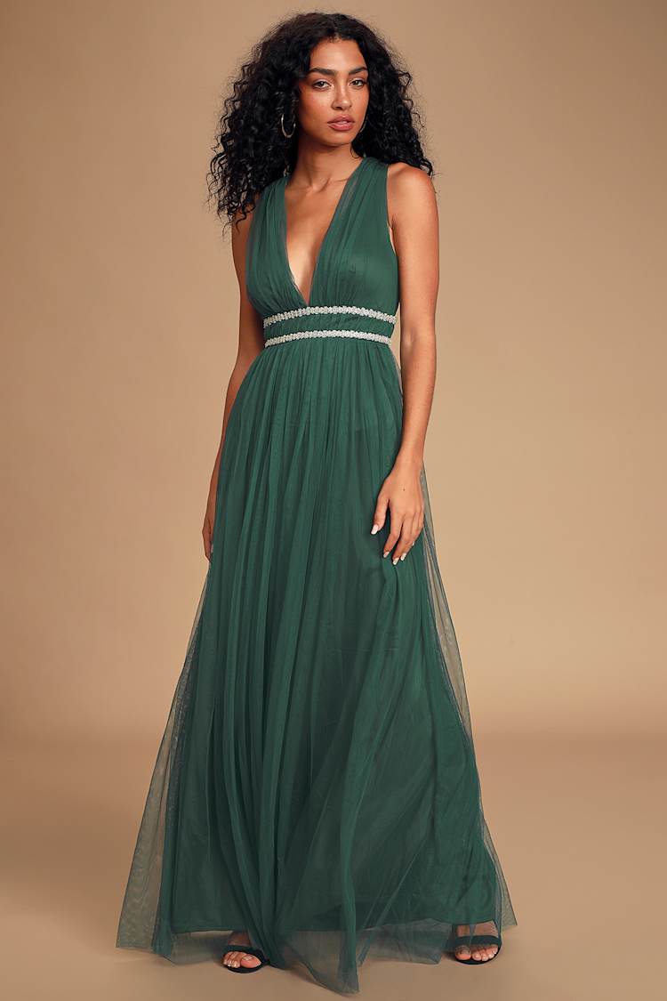 knee length dresses for ladies Adrianna Papell Women's Embellished Mesh V-Neck Gown - Green Slate main image 1