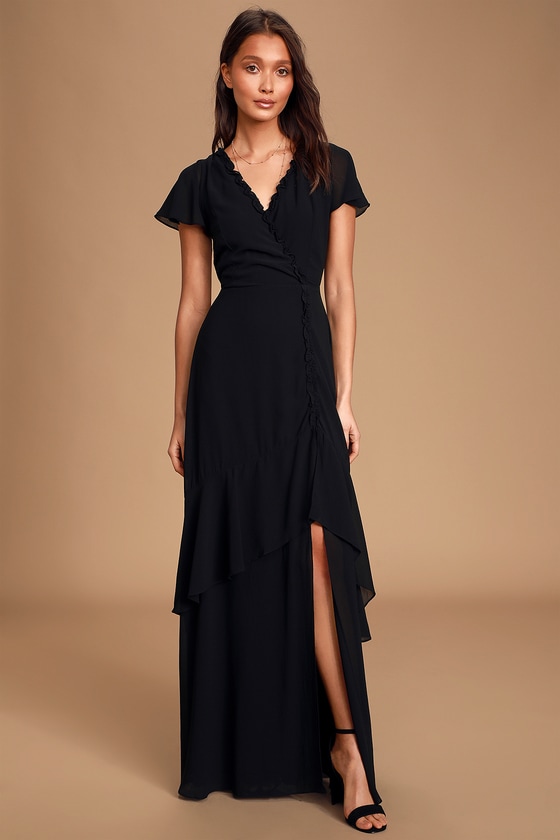 Pour the Champagne Black Ruffled Backless Maxi Dress