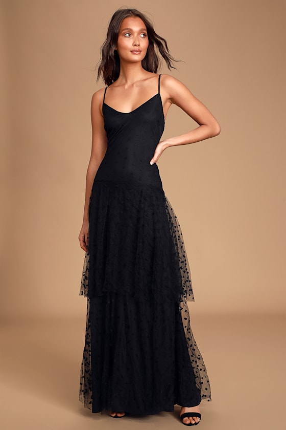 Caress Black Polka Dot Tiered Sleeveless Maxi Dress 1