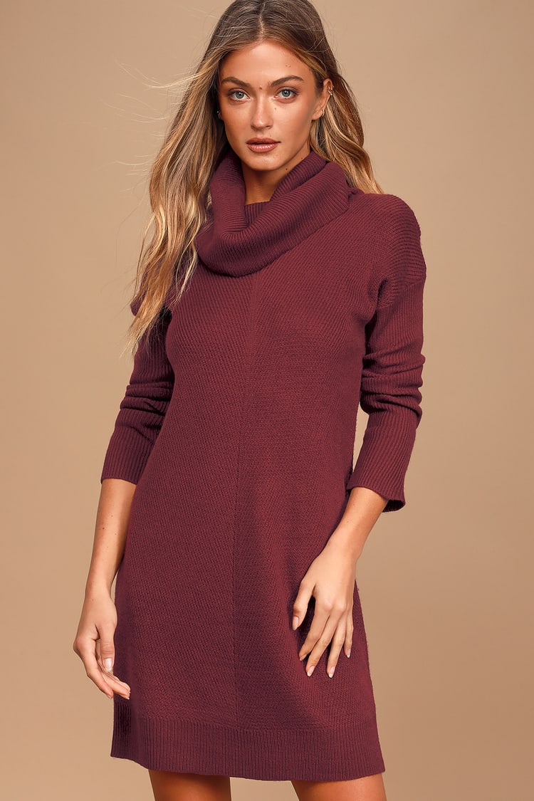 Cute Burgundy Dress - Knit Dress - Cowl Neck -