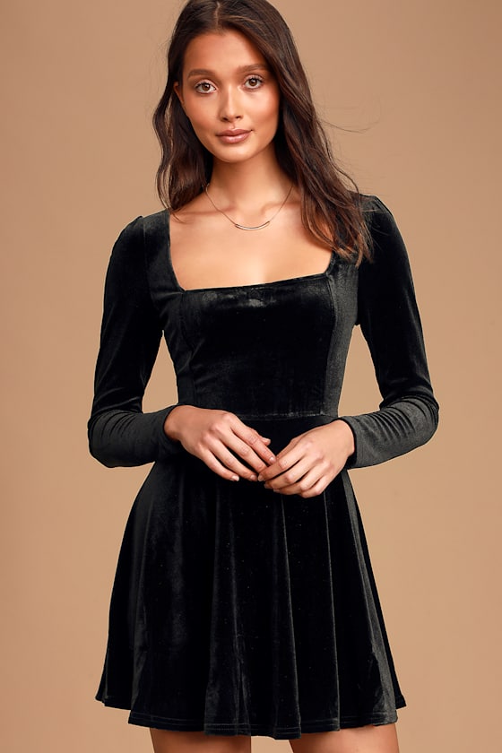 Sweet Desire Black Velvet Square Neck Skater Dress 2