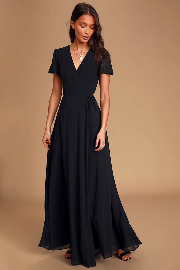 short sleeve wrap dress black Short Sleeve V-Neck Wrap Detail Dress- Black