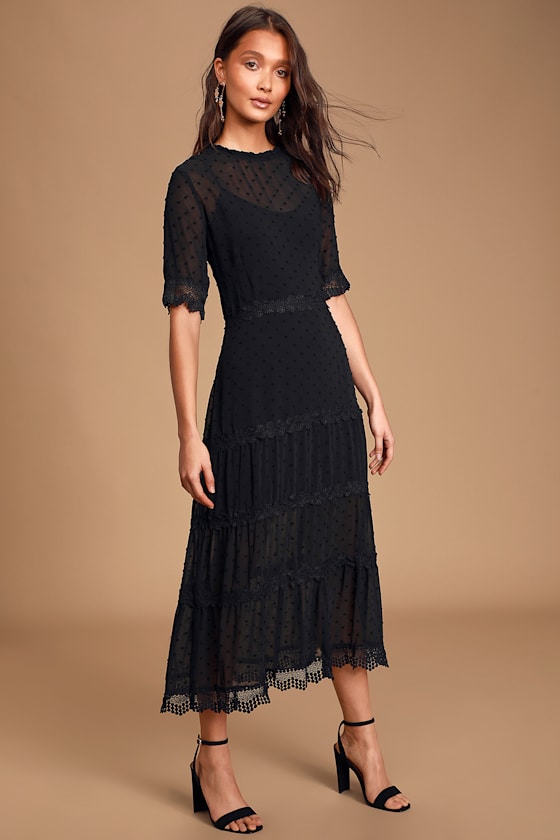 Dreaming of You Black Swiss Dot Midi Dress 3