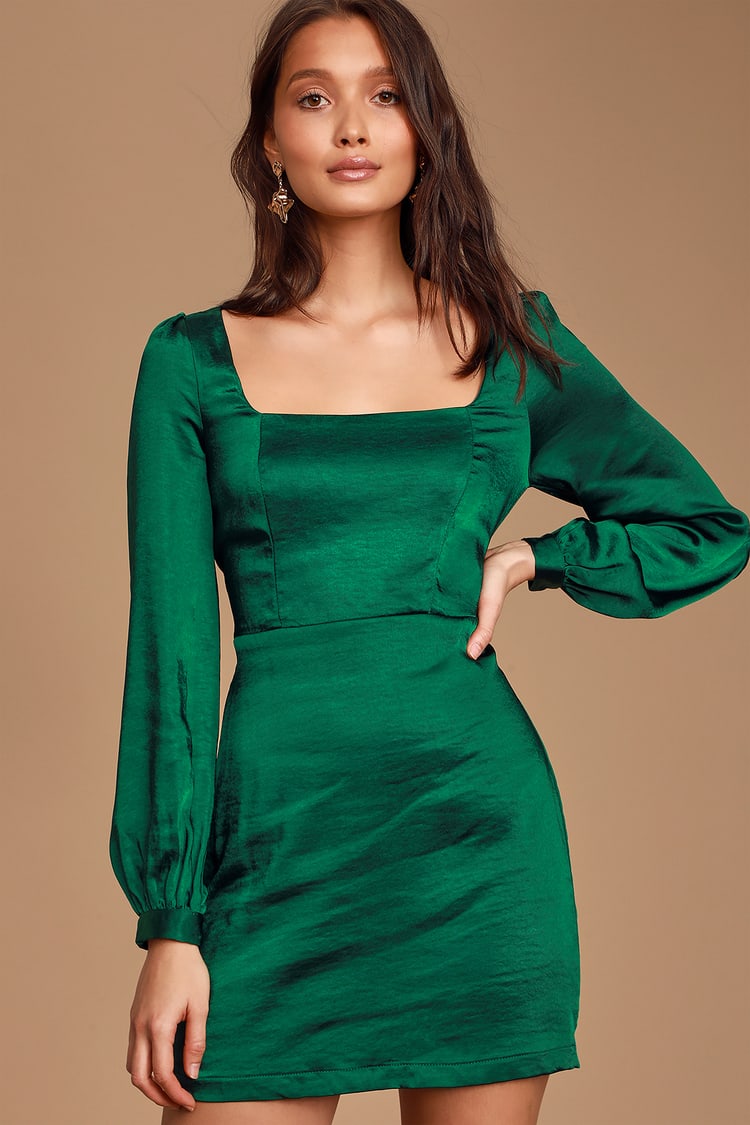 Chic Green Dress - Green Satin Dress - Long Sleeve Mini Dress - Lulus