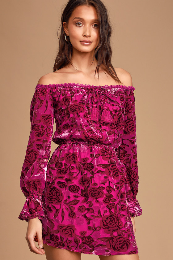 magenta off shoulder dress