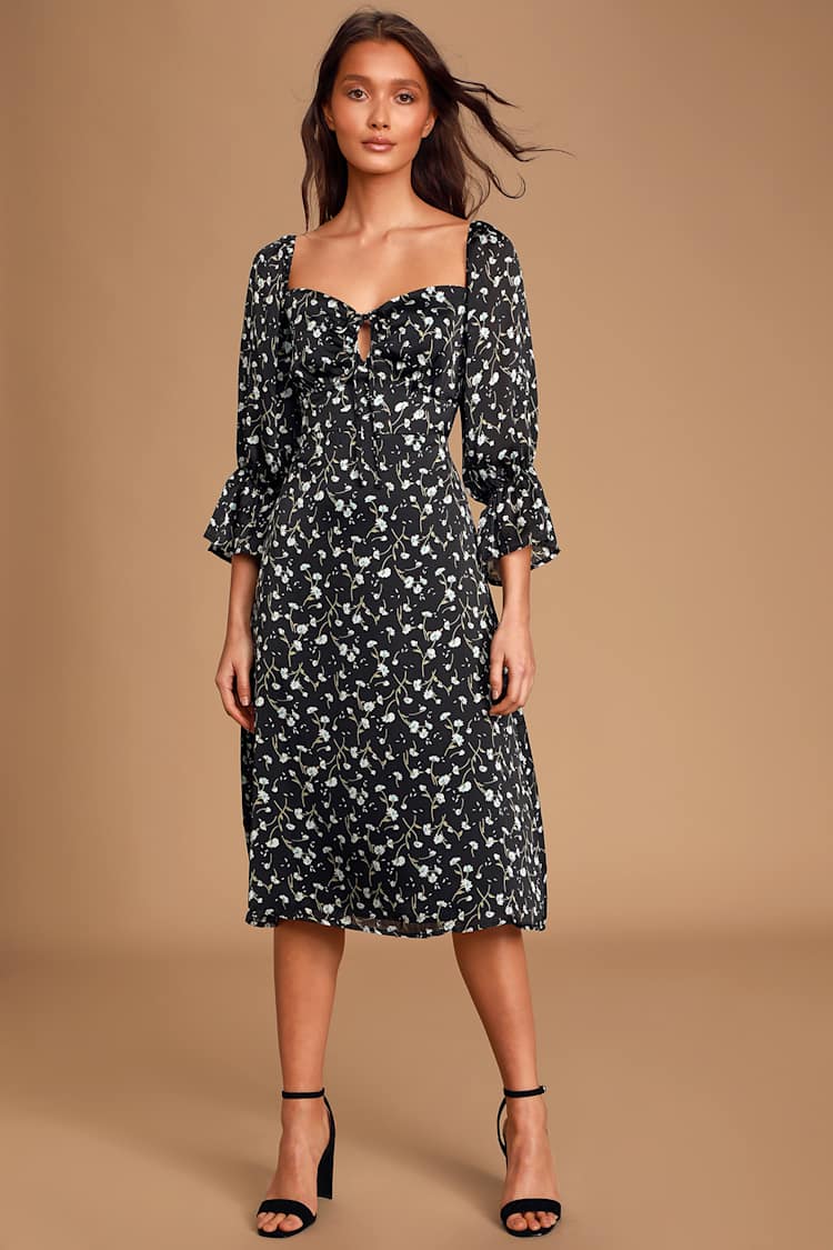 knee length dresses for ladies Saga Cut Out Midi Dress - Black Floral