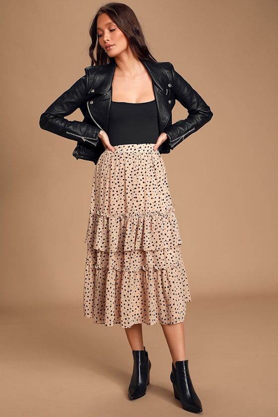 Twirl Me Taupe and Black Print Tiered Midi Skirt 1