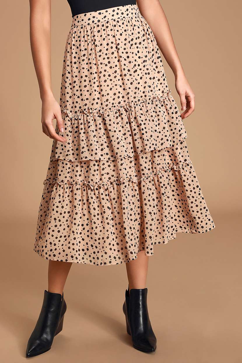 Chic Taupe Print Midi Skirt Tiered Midi Skirt Ruffled Midi Lulus