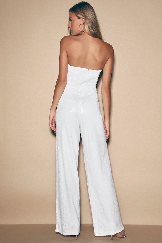 Chic White Jumpsuit - Sequin Jumpsuit - Strapless Jumpsuit - Lulus