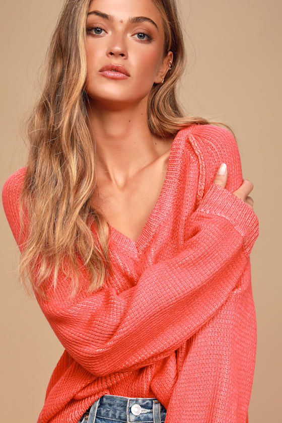 Cozy Commitment Coral Red V-Neck Knit Sweater 2