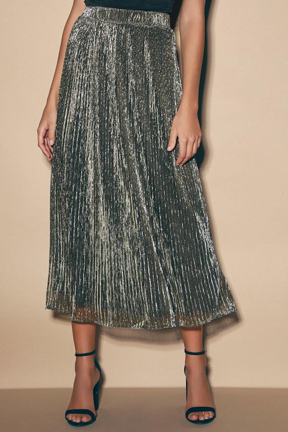 Light Show Black and Gold Metallic Pleated Midi Skirt 3