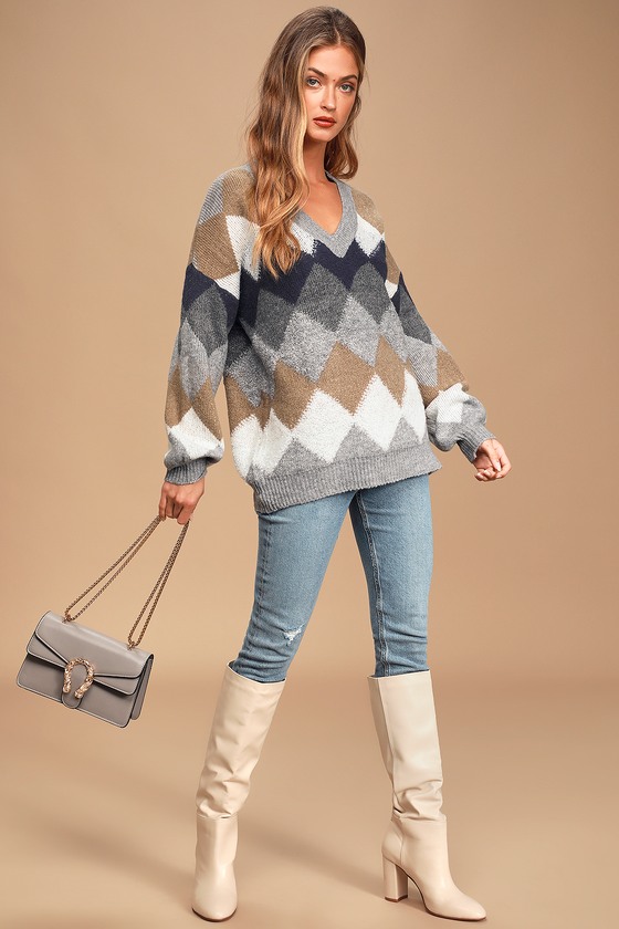 Book Smart Grey Multi Argyle Oversized Balloon Sleeve Sweater