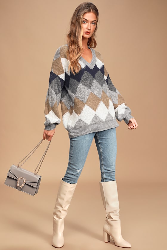 Book Smart Grey Multi Argyle Knit Sweater 6