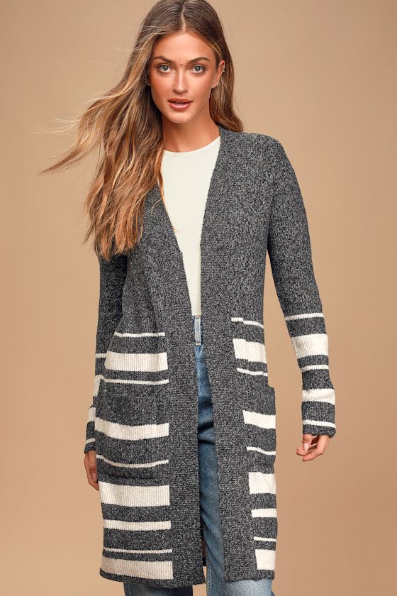 Olive + Oak - Charcoal Grey Striped Cardigan - Long Cardigan - Lulus