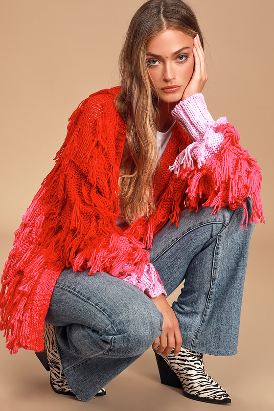 Playful Love Red and Pink Colorblock Fringe Knit Cardigan