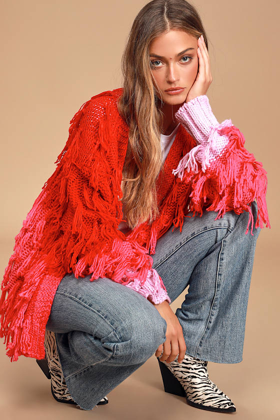 Playful Lover Red and Pink Colorblock Fringe Knit Cardigan 5