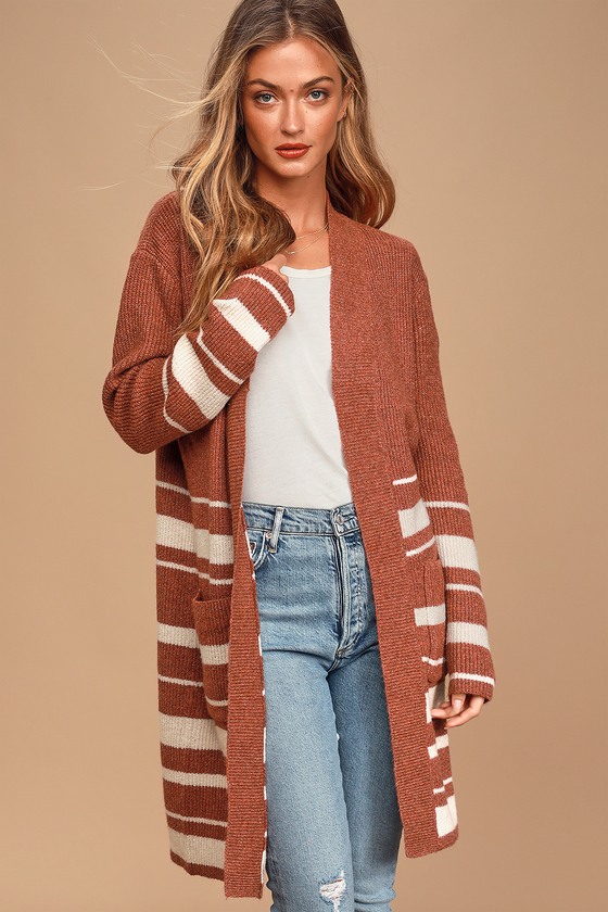 Olive + Oak - Rust Red Striped Cardigan - Long Cardigan - Lulus