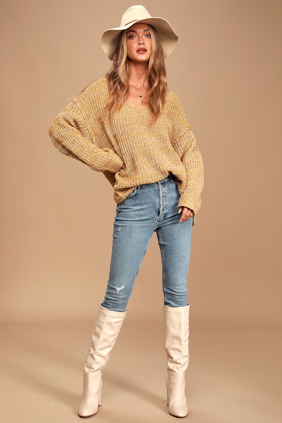 Caring Kisses Mustard Yellow V-Neck Knit Confetti Sweater 2