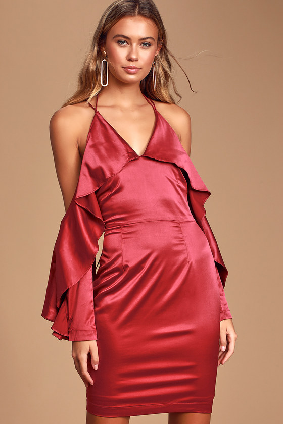 Cute Berry Dress - Satin Dress - Cold-Shoulder Dress - Mini Dress - Lulus