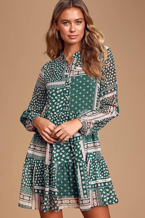 Collective Spirit Green Floral Print Chiffon Babydoll Dress 2