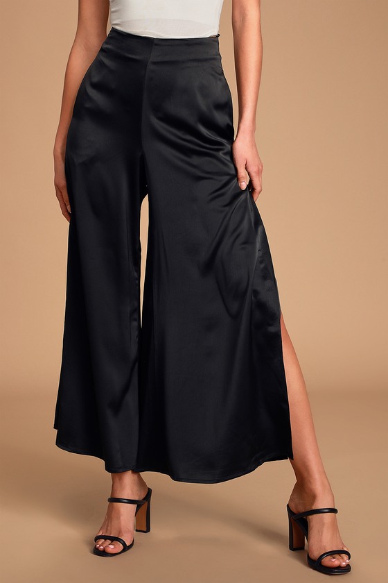 Classy Couture Black Satin Side Slit Wide-Leg Pants