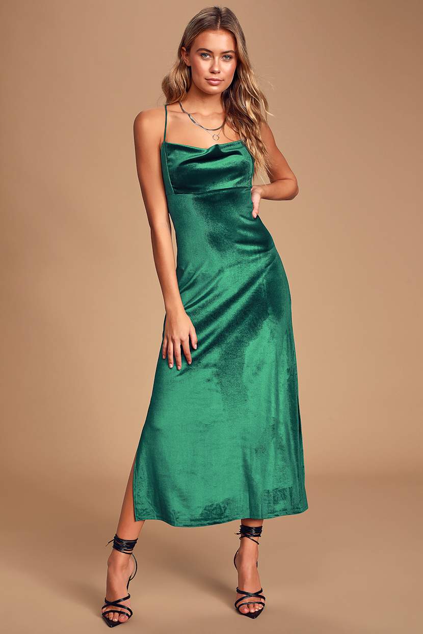 green velvet cowl neck dress Velvet Winter Dress in Emerald Green Cowl Neck Long Sleeve Holiday Gown, Formal, Christmas