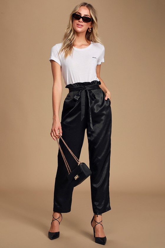 Chic Black Satin Pants - Paperbag Waist Pants - Tapered Pants - Lulus