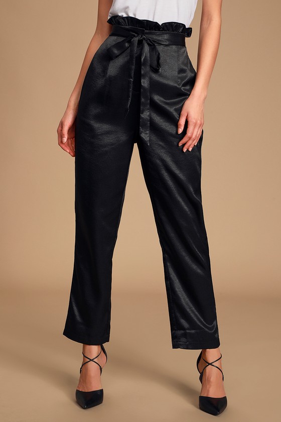 Chic Black Satin Pants Paperbag Waist Pants Tapered Pants Lulus