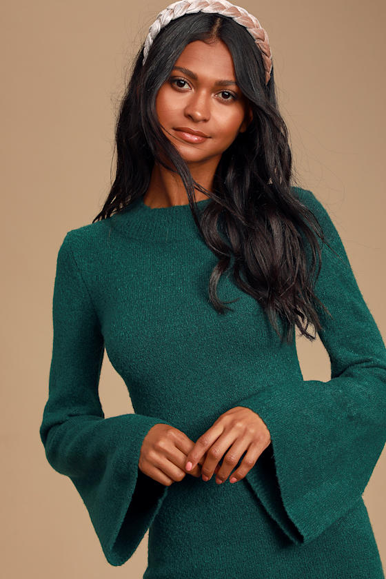 Chilly Days Forest Green Knit Bell Sleeve Sweater Dress 3