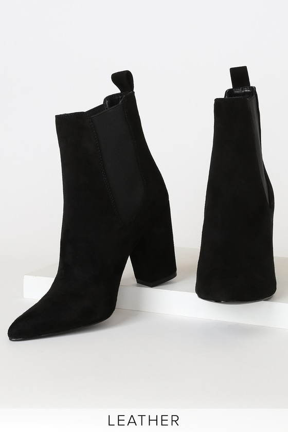 Subtle Black Suede Leather Pointed Toe High Heel Booties