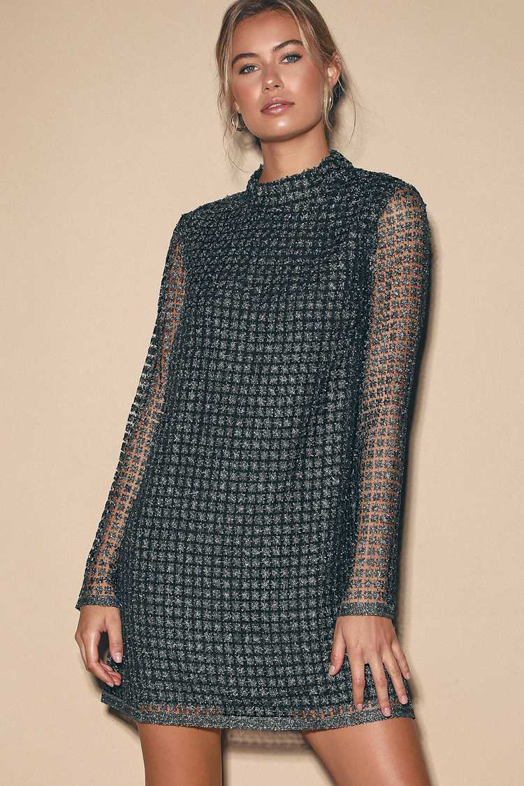 Silver and Black Dress - Grid Lace Dress - Metallic Lace Dress - Lulus