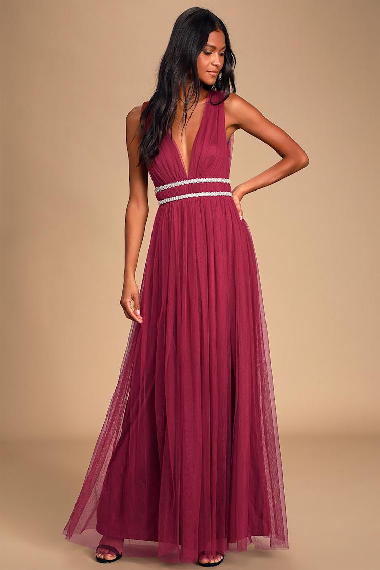 chinese dress ladies Burgundy Bridesmaid Dresses,Tulle Long Bridesmaid Dress,BD00339, US24W / Red