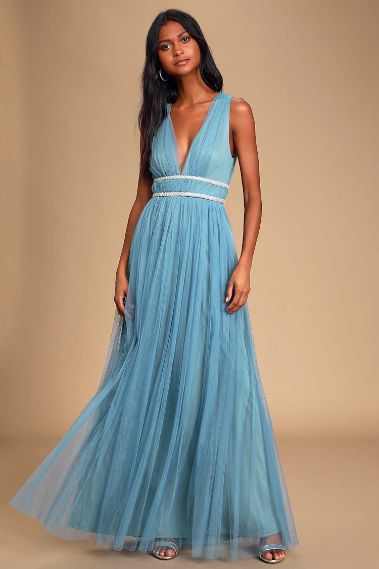 blue beaded maxi dress Glitter A-Line Light Blue Beaded V-Neck Backless Long Prom Dress – Modsele main image 0