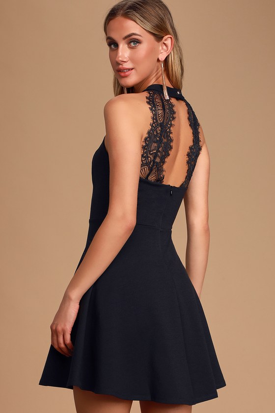 Chic Black Dress - Skater Dress - Lace Dress - Halter Dress - Lulus