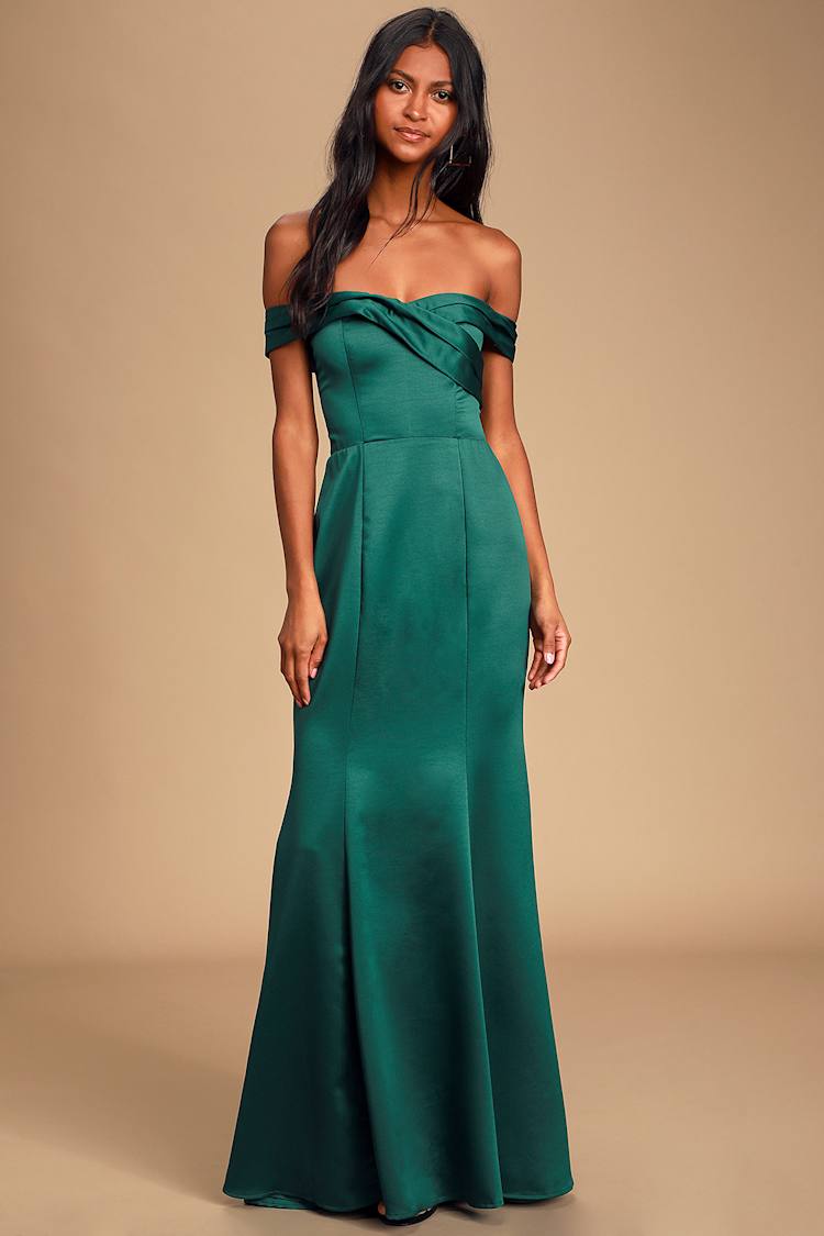 emerald green satin off the shoulder dress Emerald Green Satin Off-Shoulder Maxi Dress – STYLAVO