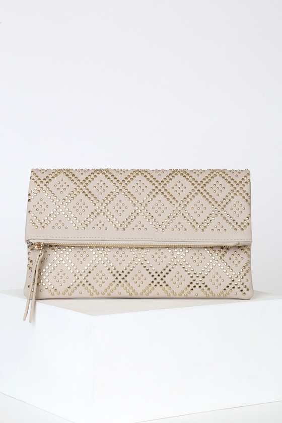 Chic Cream Clutch Studded Clutch Vegan Leather Clutch 37.00