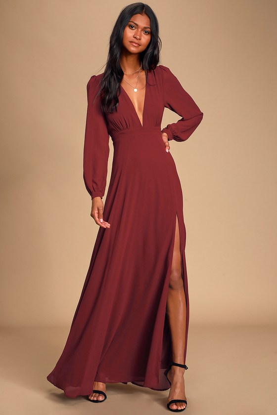 Lovely Burgundy Gown - Long Sleeve Maxi Dress - Maxi Dress - Lulus