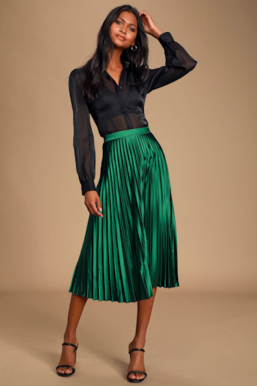 Emerald Green Satin Pleated Midi Skirt Green Dark Green Satin