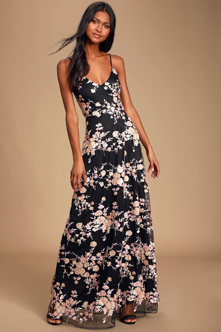 erin satin floral embroidered lace up dress Floral Embroidered Mid-Sleeve Gown by Amelia Couture 7045 8 / Navy main image 1