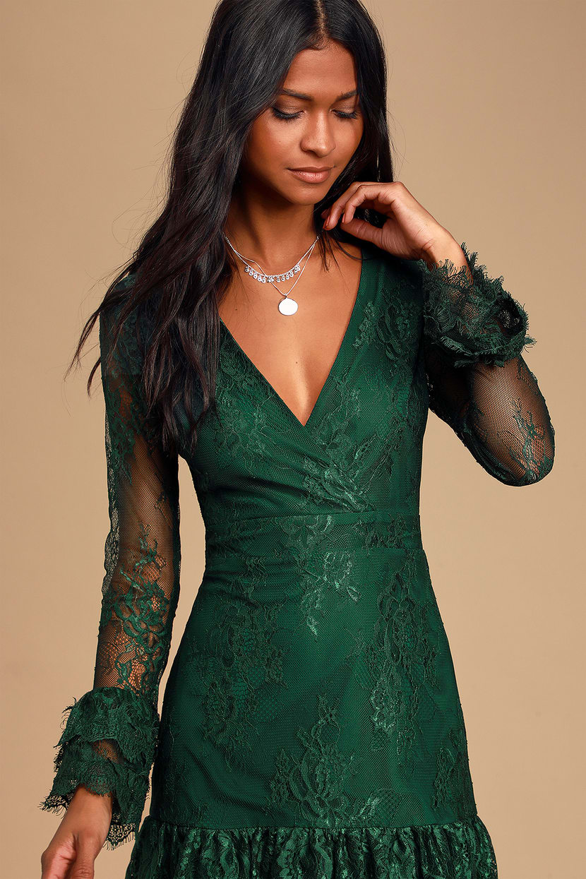 All Yours Emerald Green Lace Long Sleeve Ruffled Mini Dress