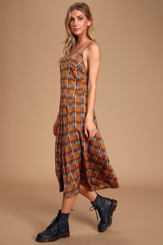Chic Brown Plaid Dress Midi Slip Dress Plaid Satin Dress Lulus