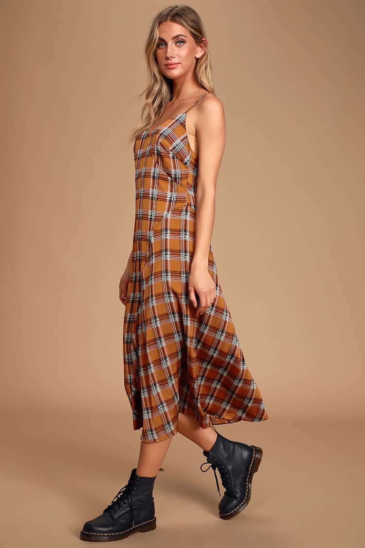 knee length dresses for ladies Yellow Plaid Slip Midi Dress – Gabi Swimwear main image 1
