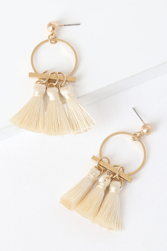 Chic Cream and Gold Earrings Tassel Earrings Lulus