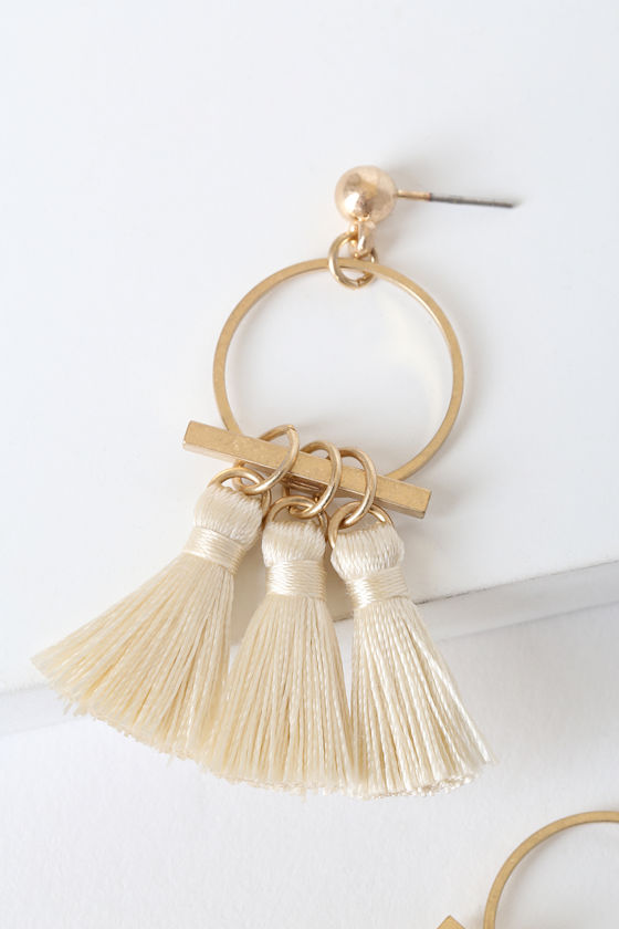 Chic Cream and Gold Earrings Tassel Earrings Lulus