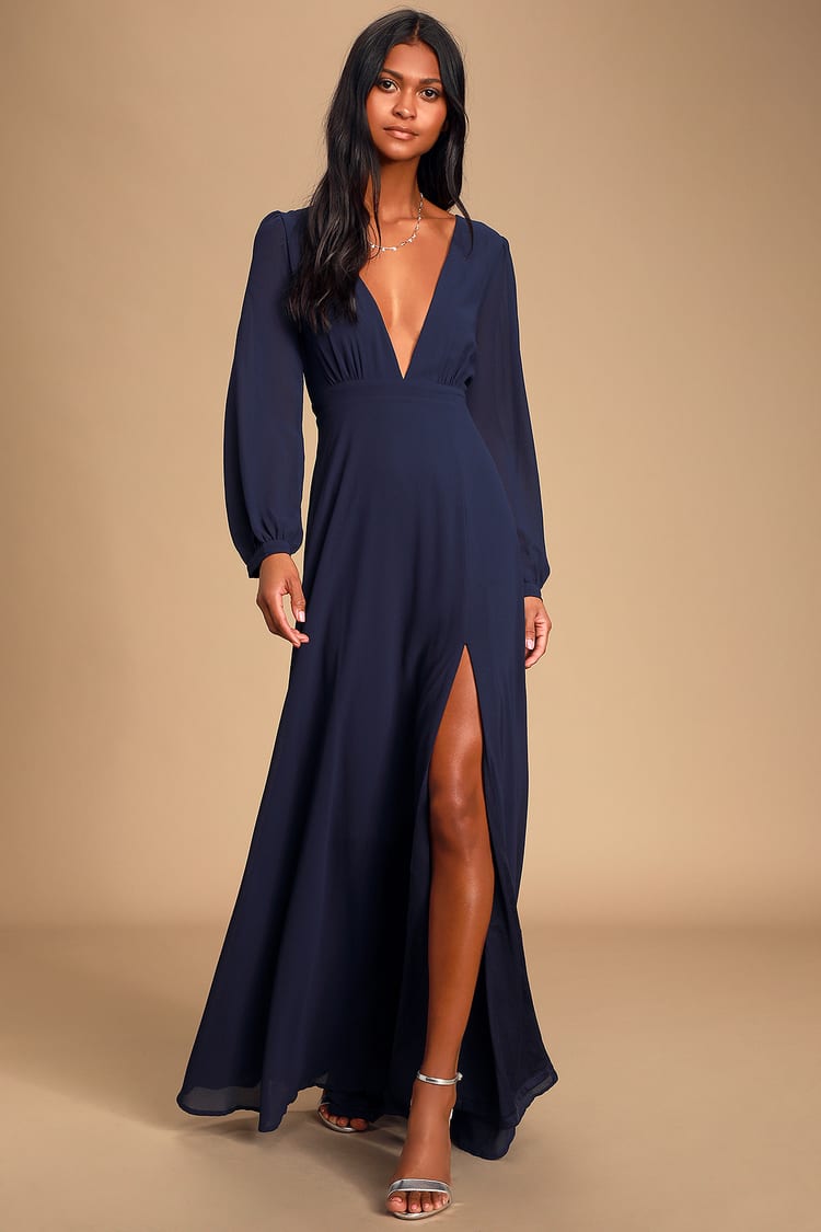Lovely Navy Blue Gown - Long Sleeve Dress - Maxi Dress - Lulus