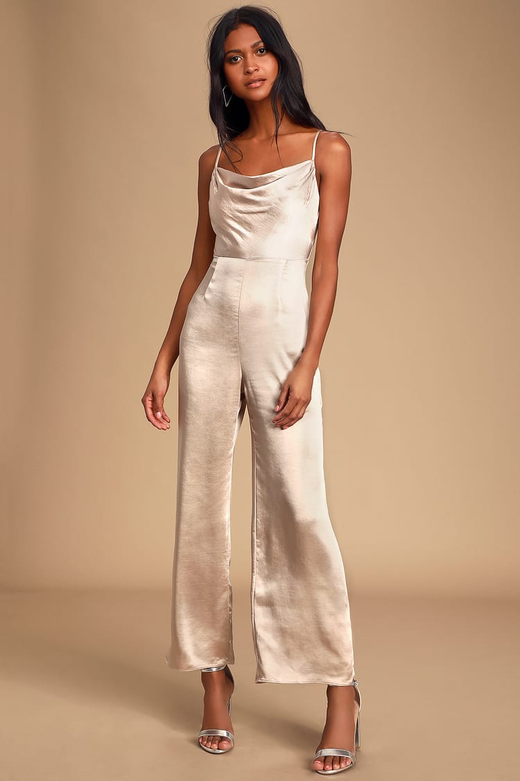 Perfect Night Champagne Satin Cowl Neck Culotte Jumpsuit