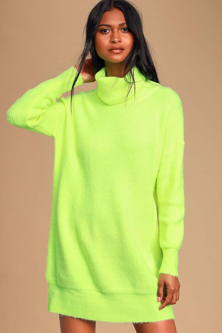 neon yellow sweater dress Cute Neon Yellow Sweater Dress - Turtleneck Sweater Dress - Mini